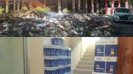 Ket foto: atas, bangunan lab hotel SMK 3 Manado, bawah, tumpukan kertas HVS dugaan hasil Dana BOS