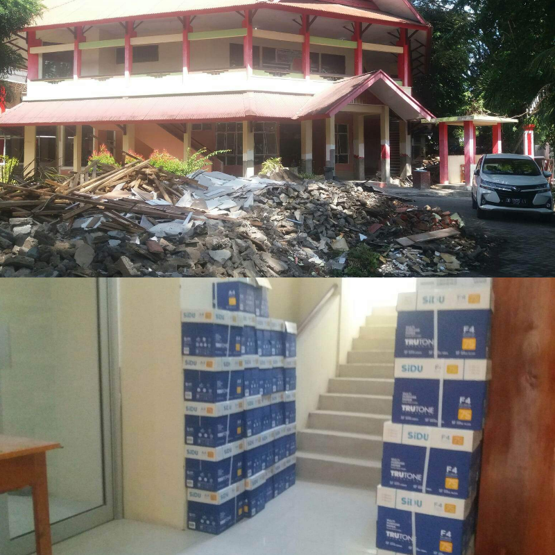 Ket foto: atas, bangunan lab hotel SMK 3 Manado, bawah, tumpukan kertas HVS dugaan hasil Dana BOS
