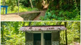 Foto: Pintu masuk (atas) dan lokasi berdirinya toilet di kawasan Air Terjun Desa Popontolen Kecamatan Tumpaan