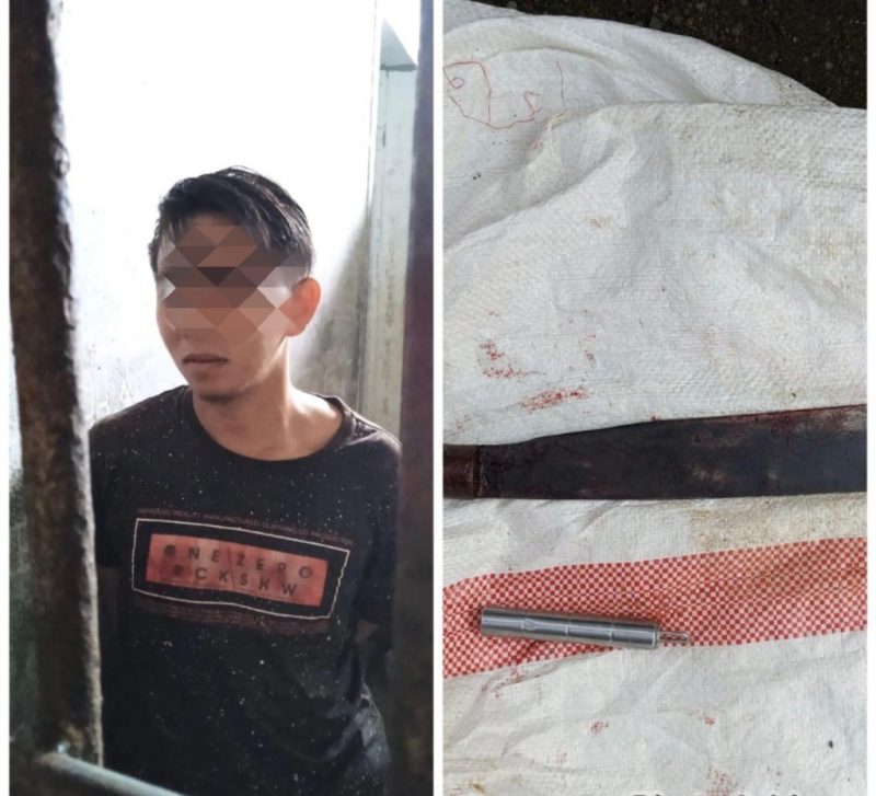 Foto: pelaku RL saat diamankan polisi, dan barang bukti sajam yang digunakan untuk membacok