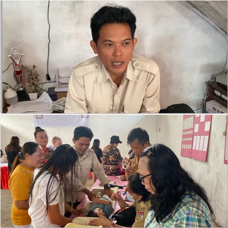Foto: Kegiatan Posyandu Desa Picuan Baru bersama Puskesmas Kecamatan Motoling, Hukum Tua Marto Rumengan (atas), Kumtua saat memantau kegiatan (bawah)