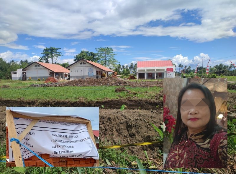Foto: lokasi proyek revitalisasi SMKN Tatapaan Minahasa Selatan, inserted photo: kiri papan proyek, kanan oknum kepsek