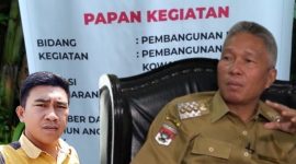Foto: oknum Kumtua Deddy Tangkulung (kiri), Bupati Minsel Franky Donny Wongkar (kanan), background foto papan informasi kegiatan proyek DD Pinapalangkow pembuatan jalan 