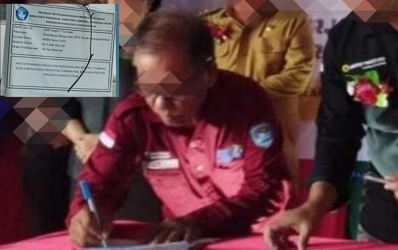 Foto: oknum kepsek inisial FL alias Freddy alias Jeli yang diduga korupsi dana revitalisasi Kemendikdasmen RI,
Inserted foto: papan proyek kegiatan 