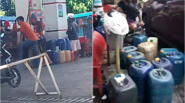 Foto: antrian panjang galon pengangkut BBM, yang diduga ilegal atau tak berizin, di SPBU Amurang, Minahasa Selatan