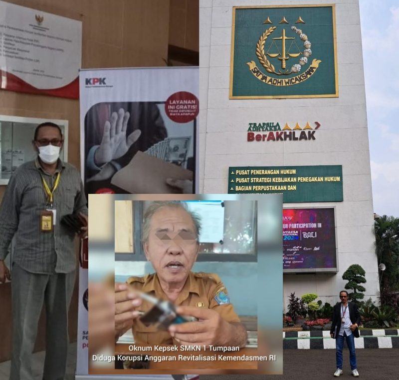 Foto: Ketua LSM INAKOR Sulawesi Utara Rolly Wenas saat berada di Kantor KPK RI dan saat di Kantor Kejaksaan Agung RI, Inserted photo: oknum kepsek FL alias J dalam rekaman video yang viral