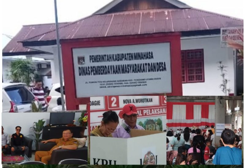 Foto: kolase foto, Kantor PMD Kabupaten Minahasa, inserted photo: aliansi Masyarakat Pencari Keadilan (kiri), kolase foto dugaan pelanggaran saat di TPS (kanan)