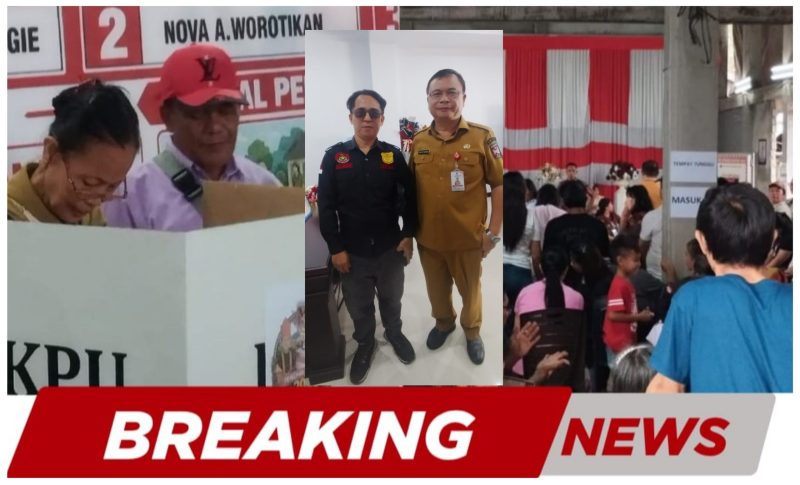 Foto: kolase beberapa foto dugaan pelanggaran saat hari pencoblosan di Desa Kamangta, inserted photo: Asisten I Bidang Pemerintahan & LI-TIPIKOR Sulawesi Utara.