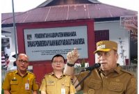 Foto: Gambar background Kantor Dinas PMD Kabupaten Minahasa; inserted photo: Bupati Minahasa, Asisten I Bidang Pemerintahan Kabupaten Minahasa, Kadis PMD Minahasa,