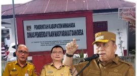 Foto: Gambar background Kantor Dinas PMD Kabupaten Minahasa; inserted photo: Bupati Minahasa, Asisten I Bidang Pemerintahan Kabupaten Minahasa, Kadis PMD Minahasa,