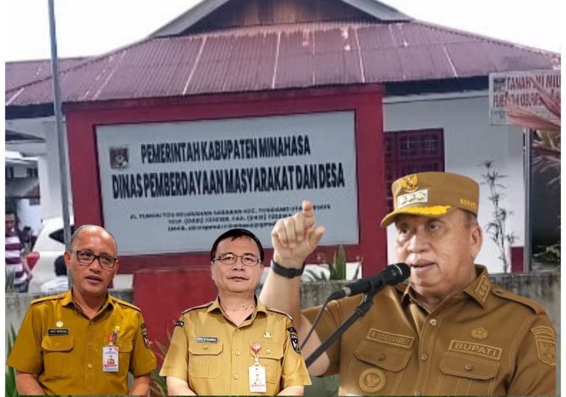 Foto: Gambar background Kantor Dinas PMD Kabupaten Minahasa; inserted photo: Bupati Minahasa, Asisten I Bidang Pemerintahan Kabupaten Minahasa, Kadis PMD Minahasa,