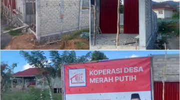 Foto: kolase gambar lokasi bangunan Koperasi Desa Merah Putih Kakenturan Barat, Kecamatan Modoinding, Minahasa Selatan, yang bersebelahan dengan fasilitas umum lainnya, serta rumah warga.