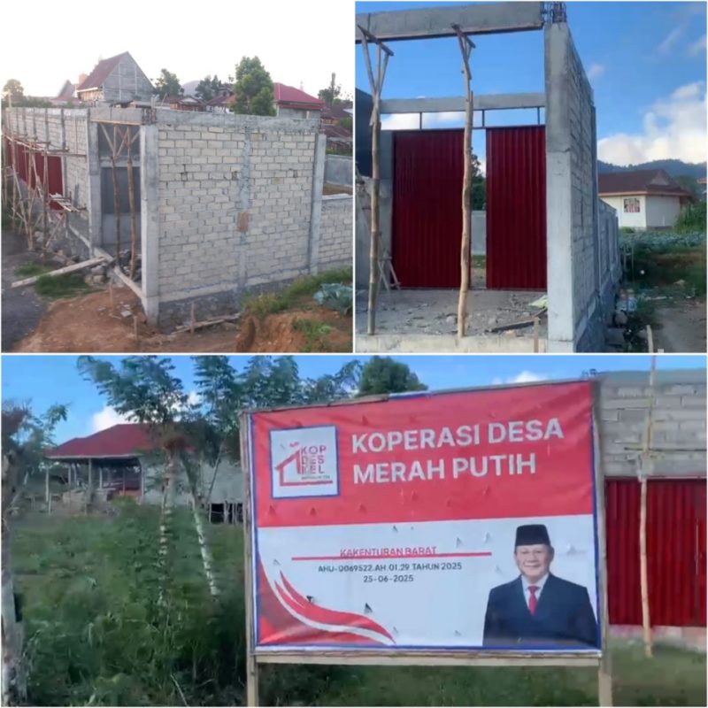 Foto: kolase gambar lokasi bangunan Koperasi Desa Merah Putih Kakenturan Barat, Kecamatan Modoinding, Minahasa Selatan, yang bersebelahan dengan fasilitas umum lainnya, serta rumah warga.