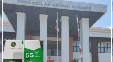 Foto: gambar tampak depan PN Manado, inserted photo: pamflet PN Manado 