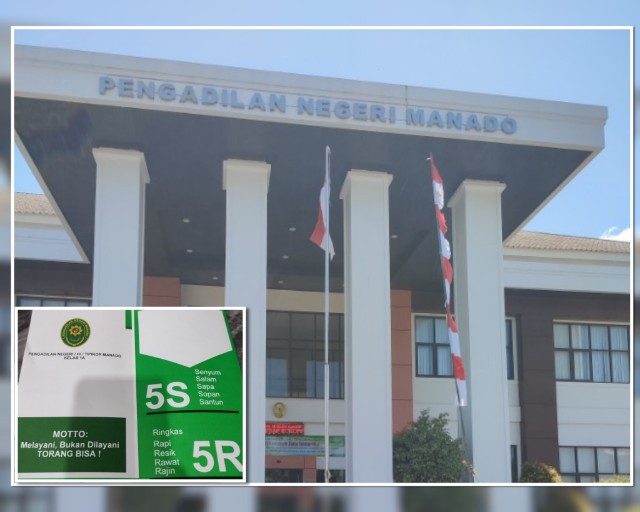 Foto: gambar tampak depan PN Manado, inserted photo: pamflet PN Manado 